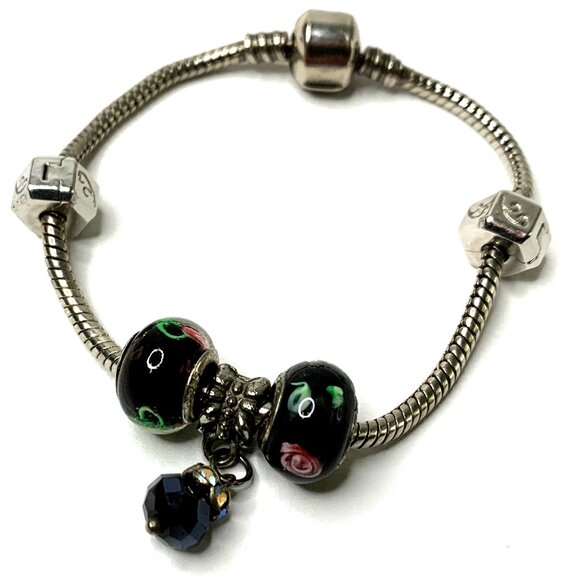 925 Silver 7” Bracelet 2 Glass Beads Dangling Charm & Ball Clasp - Picture 4 of 8